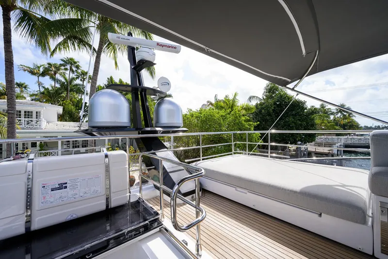 Slide: The Image of 2019 Azimut S7 yacht deck with radar equipment and sunbathing area. - 17