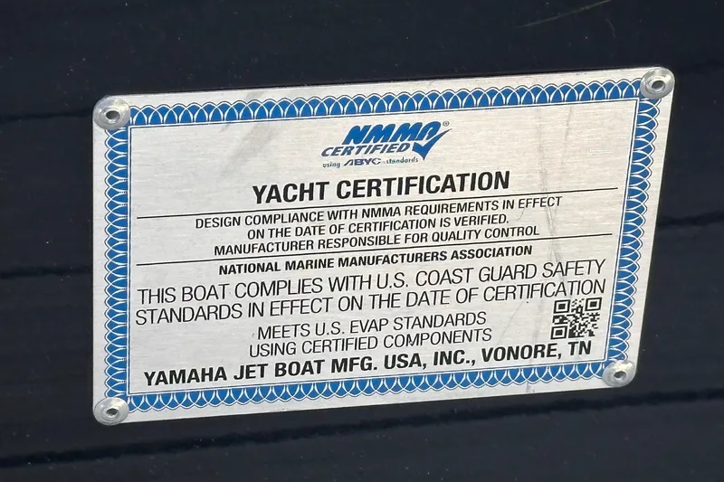 Slide: The Image of Yamaha Boats 275SD 2025 yacht certification plaque, NMMA certified, U.S. Coast Guard compliant. - 31