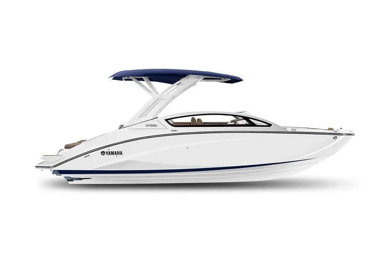 Slide: The Image of Manufacturer Provided Image: 2025 Yamaha Boats 275SD, sleek white design with blue canopy, side view. - 4