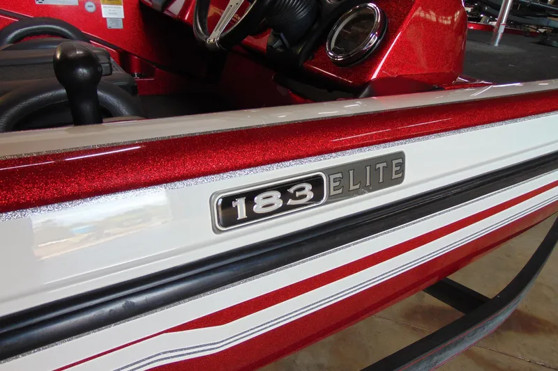 Slide: The Image of 2011 Stratos 183 Elite boat with red and white detailing, close-up of model badge. - 3