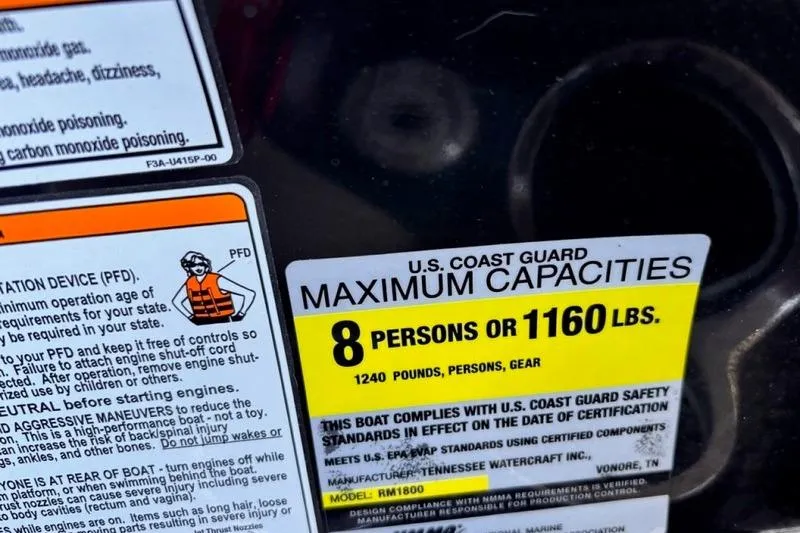 Slide: The Image of 2013 Yamaha Boats AR192 capacity label: 8 persons or 1160 lbs, U.S. Coast Guard compliant. - 16