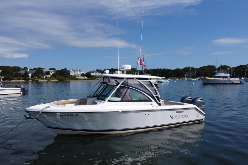 The Image of 2015 Pursuit DC 265 Dual Console boat on calm water, with scenic background. - 0