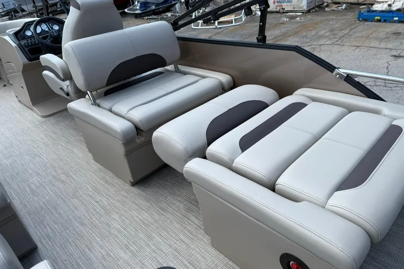 Slide: The Image of 2025 Bentley Pontoons Legacy 223 QSB interior with luxurious seating and modern design. - 15