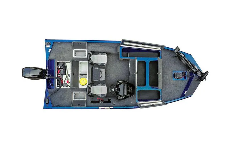 Slide: The Image of Manufacturer Provided Image: 2025 Crestliner XF 179 fishing boat, top view, blue and gray interior, equipped with motor. - 9