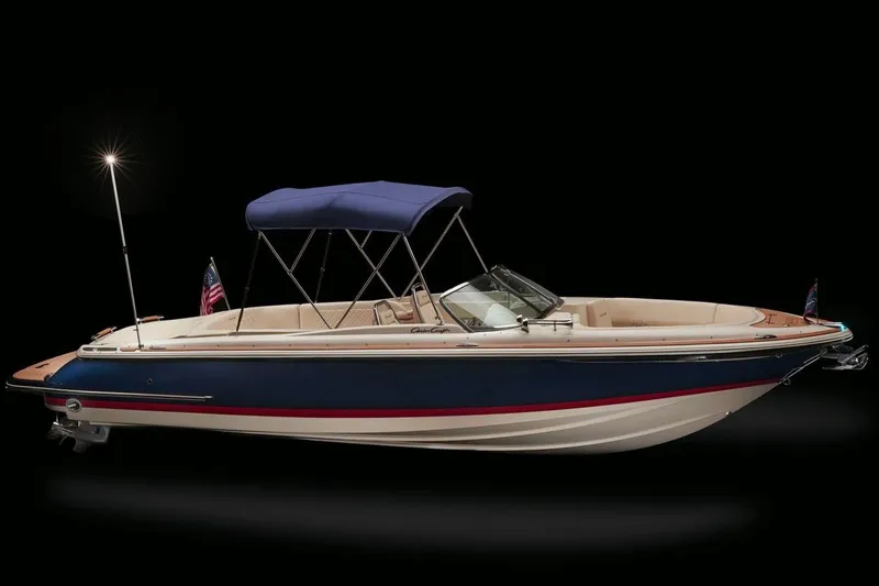 Slide: The Image of 2024 Chris-Craft Launch 27 boat interior with elegant seating and wooden deck. - 8