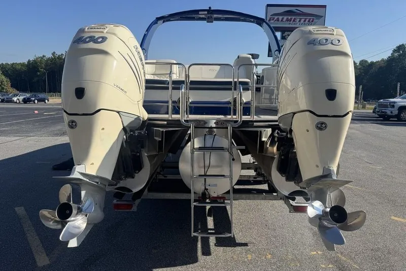 Slide: The Image of 2021 Harris Crowne SL 270 Twin Engine boat with dual 400 horsepower outboard motors. - 6