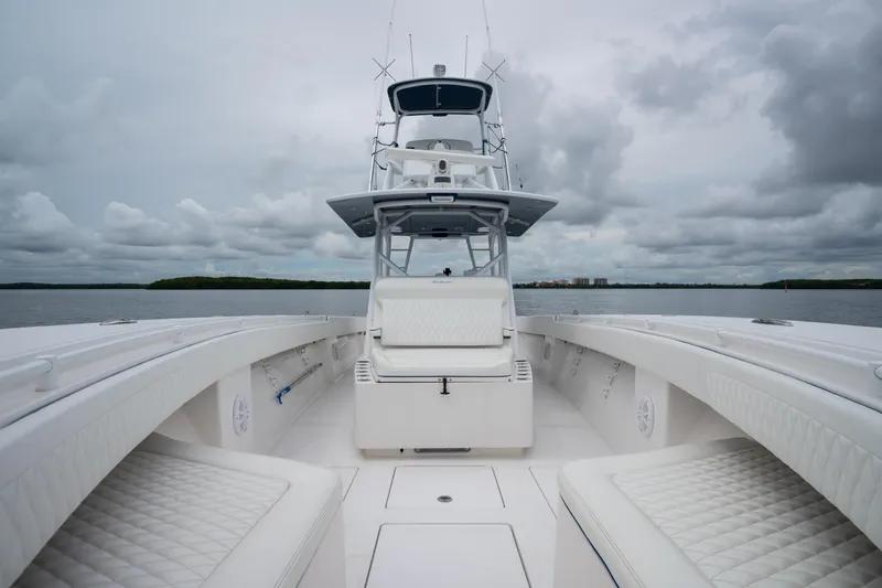 Slide: The Image of 2016 SeaHunter 45 boat with spacious deck and tower on a cloudy day. - 42