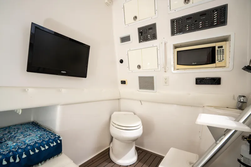 Slide: The Image of Interior of 2016 SeaHunter 45 boat with TV, microwave, and toilet. - 43