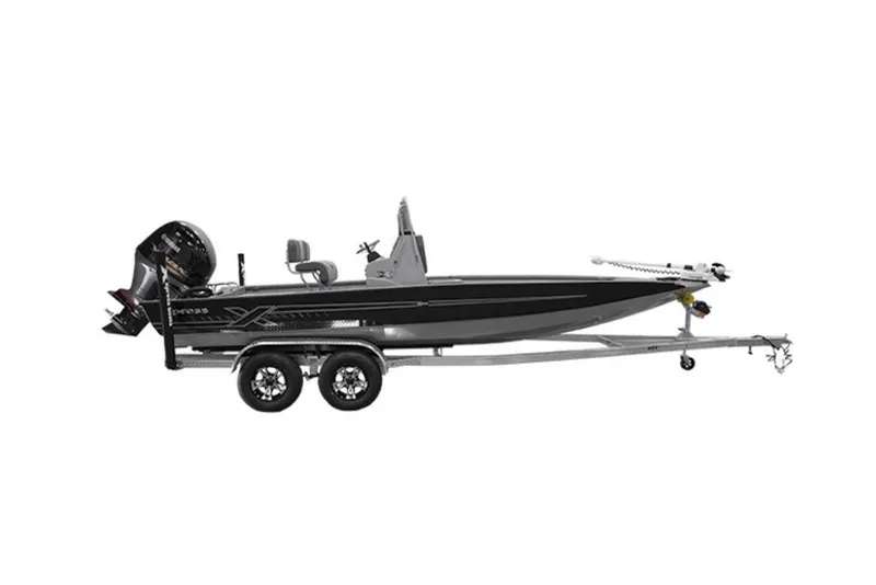 Slide: The Image of 2026 Xpress H22B Bay boat on trailer, side view, sleek design. - 26