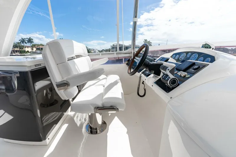 Slide: The Image of Flybridge helm of 2015 Princess 56 Yacht with white seating and modern controls. - 25