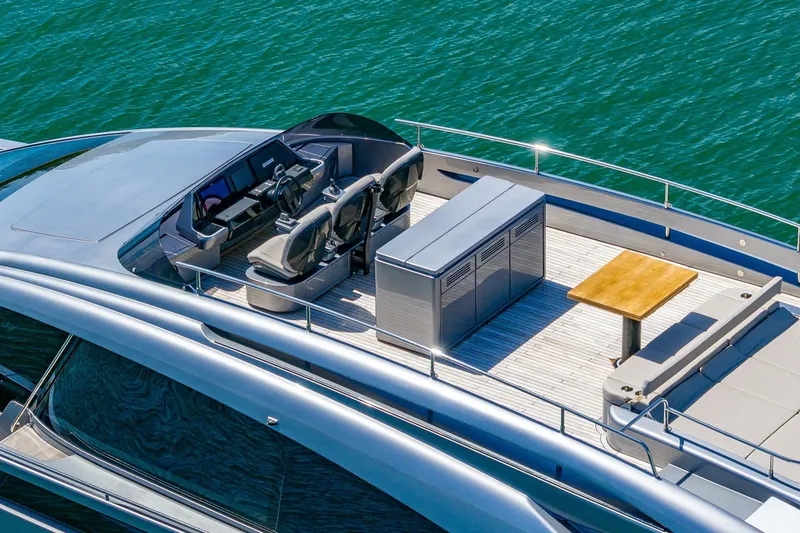 Slide: The Image of 2025 Pershing GTX 80 yacht deck with seating and control area on water. - 15