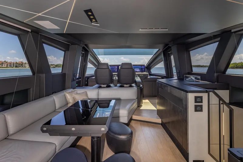 Slide: The Image of Luxurious interior of 2025 Pershing GTX 80 yacht with modern design and panoramic windows. - 28