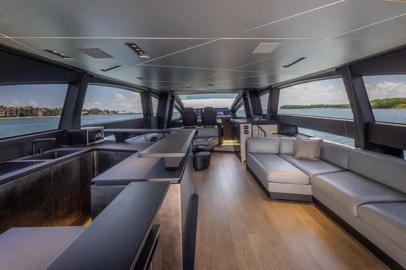 Slide: The Image of Luxurious interior of 2025 Pershing GTX 80 yacht with modern design and panoramic windows. - 29