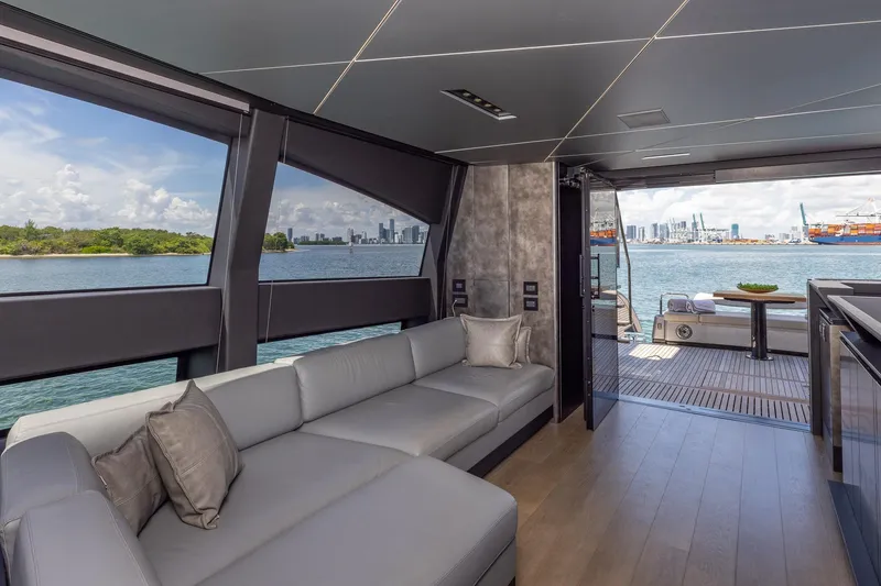 Slide: The Image of Luxurious interior of 2025 Pershing GTX 80 yacht with waterfront view and modern furnishings. - 33