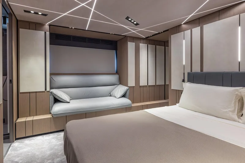Slide: The Image of Luxurious interior of 2025 Pershing GTX 80 yacht with modern design and elegant furnishings. - 39