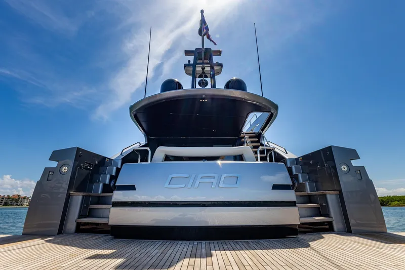 Slide: The Image of 2025 Pershing GTX 80 yacht, rear view, docked under clear blue sky. - 9