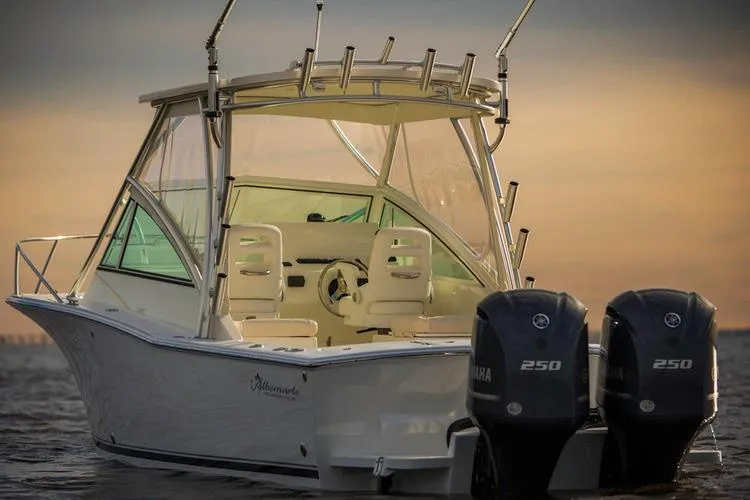Slide: The Image of Manufacturer Provided Image: 2019 Albemarle 25 Express boat with twin Yamaha 250 engines at sunset. - 22