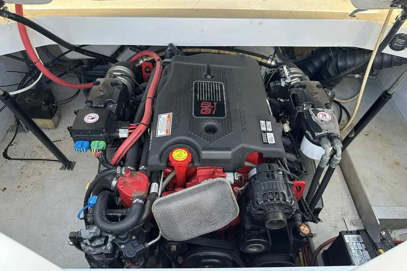 Slide: The Image of 2005 Cobalt 262 boat engine compartment with 8.1 Gi engine, detailed view. - 11