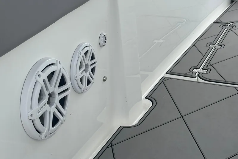 Slide: The Image of 2016 Midnight Express 37 Open boat interior with JL Audio speakers and stylish flooring. - 15