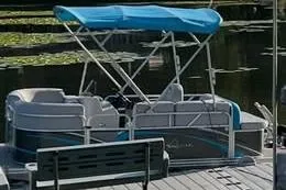 The Image of 2019 Qwest LS 714 Lanai Cruise pontoon boat with blue canopy docked by the water. - 0
