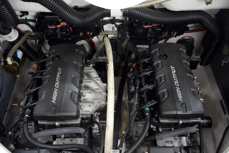 Slide: The Image of 2015 Yamaha Boats 212X high output engines in engine compartment. - 16