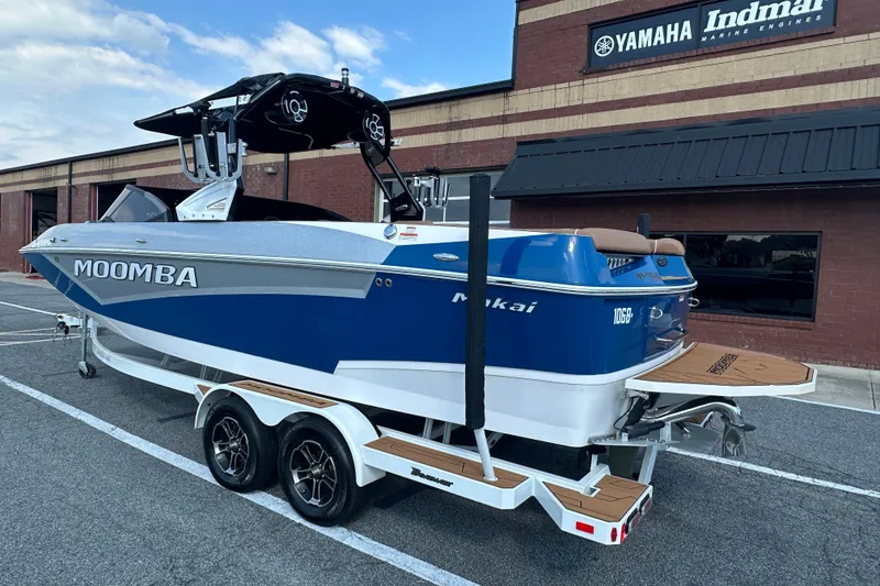 Slide: The Image of 2022 Moomba Makai boat on trailer outside Yamaha Indmar building. - 6