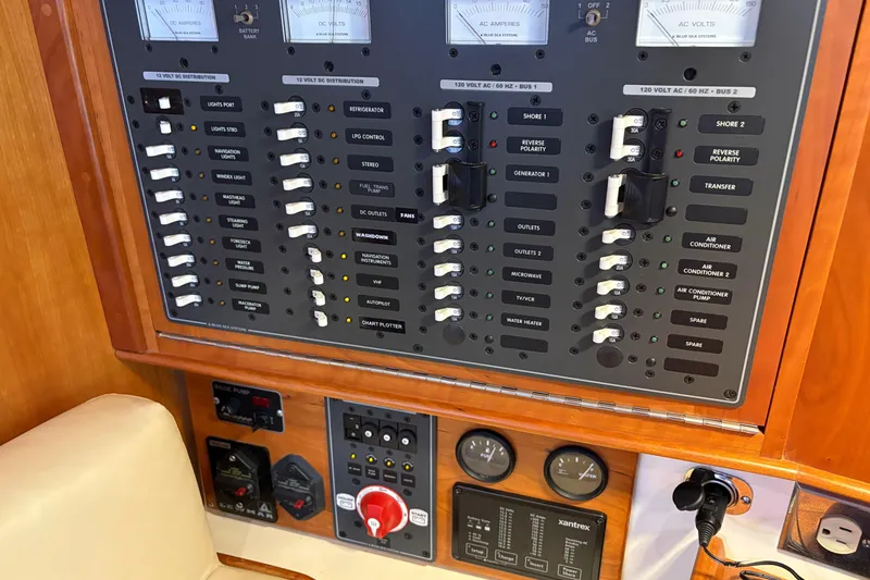 Slide: The Image of Electrical control panel on a 2007 Tartan 3700 CCR yacht, featuring various switches and gauges. - 37