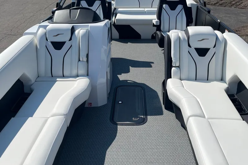 Slide: The Image of Luxurious interior of 2026 Evotti 725CS boat with sleek white seating and modern design. - 6