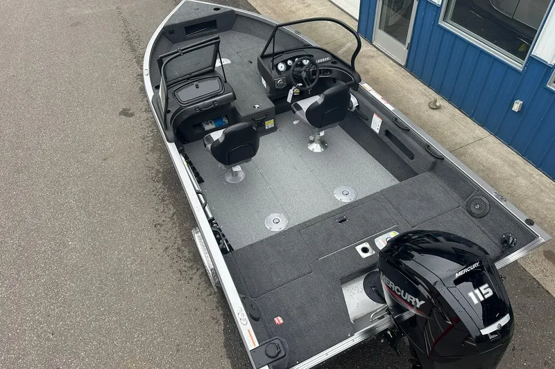 Slide: The Image of 2025 Crestliner 1750 Hawk boat with Mercury 115 engine, dual seats, and spacious deck. - 10