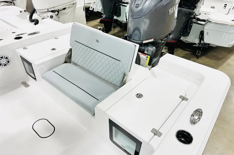 Slide: The Image of 2026 Sportsman Masters 227 Bay Boat interior with Yamaha engine and seating. - 12