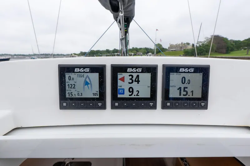Slide: The Image of B&G navigation displays on a 2026 J Boats J/40 sailboat, showing speed and depth. - 15