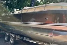 The Image of 2026 Avalon VENTURE 85 CRUISE pontoon boat on trailer, side view. - 0
