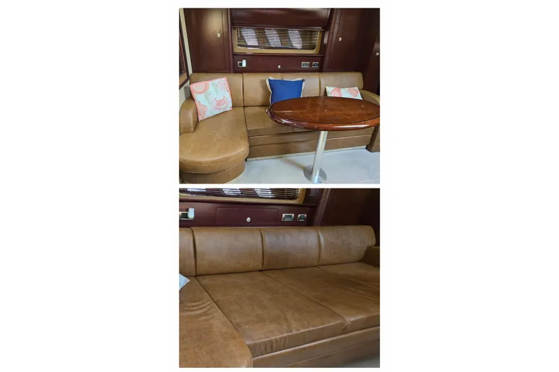 Slide: The Image of Interior of 2007 Sea Ray 40 Sundancer with leather seating and wooden table. - 23