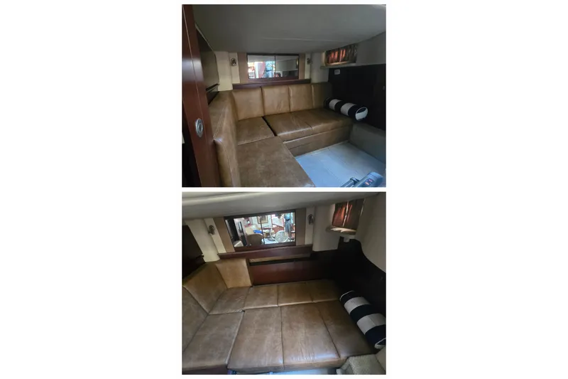 Slide: The Image of 2007 Sea Ray 40 Sundancer interior with brown leather seating and modern design. - 25