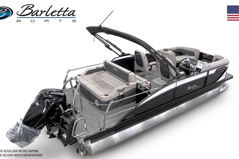 Slide: The Image of 2026 Barletta Cabrio 22UC pontoon boat on trailer, parked outdoors. - 3