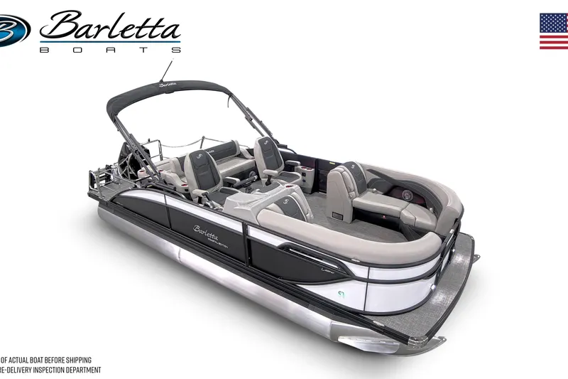 Slide: The Image of 2026 Barletta Cabrio 22UC pontoon boat on trailer, outdoor display. - 4