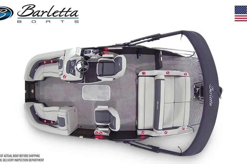 Slide: The Image of 2026 Barletta Cabrio 22UC pontoon boat on trailer, featuring sleek design and canopy. - 6