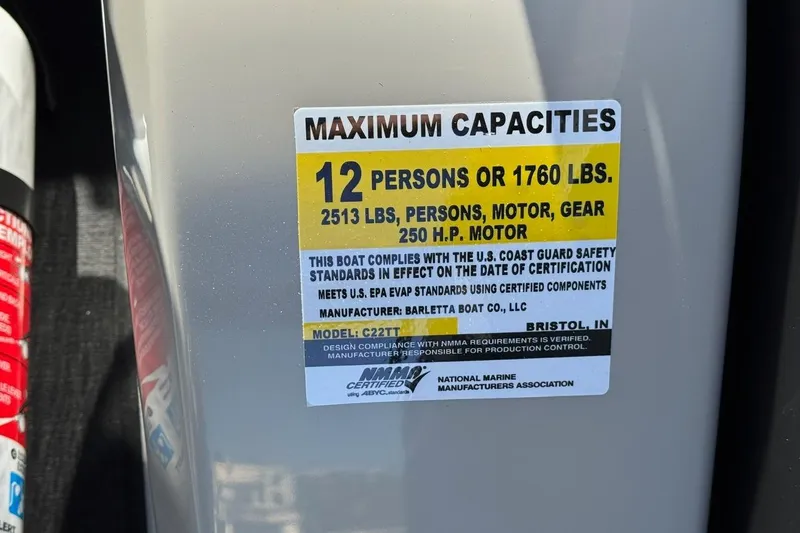 Slide: The Image of Maximum capacity label on 2026 Barletta Cabrio 22UC boat, 12 persons or 1760 lbs. - 61