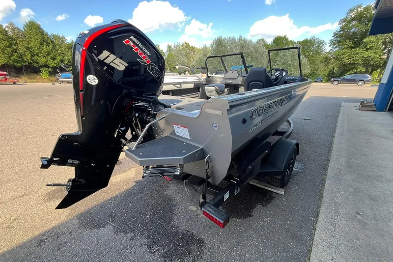 Slide: The Image of 2026 Crestliner 1750 Super Hawk boat with Mercury 115 Pro XS engine on trailer. - 3