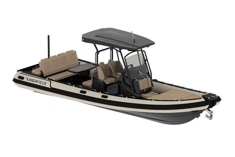 Slide: The Image of 2026 Highfield Sport 800 boat displayed indoors at a marine exhibition. - 1