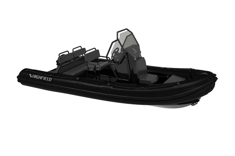 Slide: The Image of Highfield Patrol 540 boat with Yamaha 115 outboard motor, showcased indoors, 2026 model. - 4