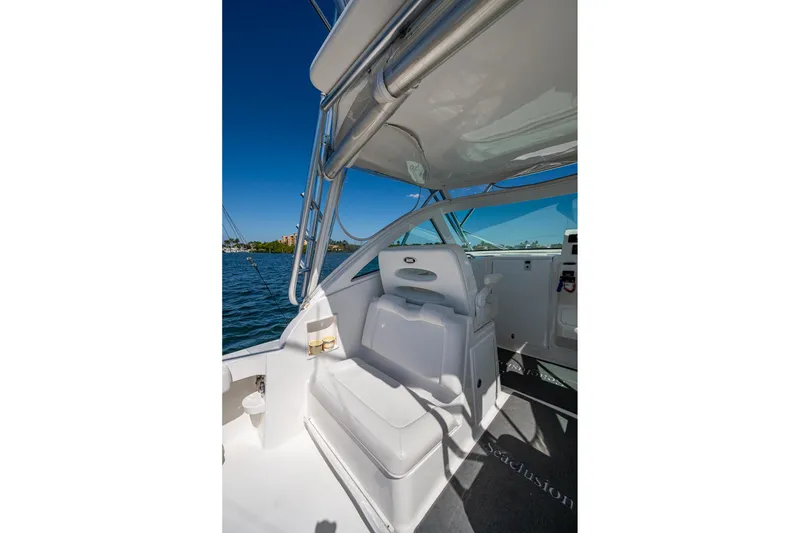 Slide: The Image of 2018 Albemarle 290 Express Fisherman boat interior with seating and ocean view. - 40