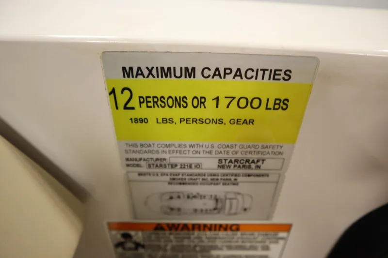 Slide: The Image of 2017 Starcraft 221 STARSTEP capacity label: 12 persons or 1700 lbs, 1890 lbs total. - 33