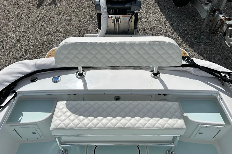 Slide: The Image of 2025 Dragonfly Boatworks Spanish Wells 21, featuring white quilted seating and sleek design. - 14