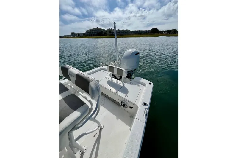 Slide: The Image of 2022 BlackJack 224 boat on water, featuring sleek design and powerful outboard motor. - 14