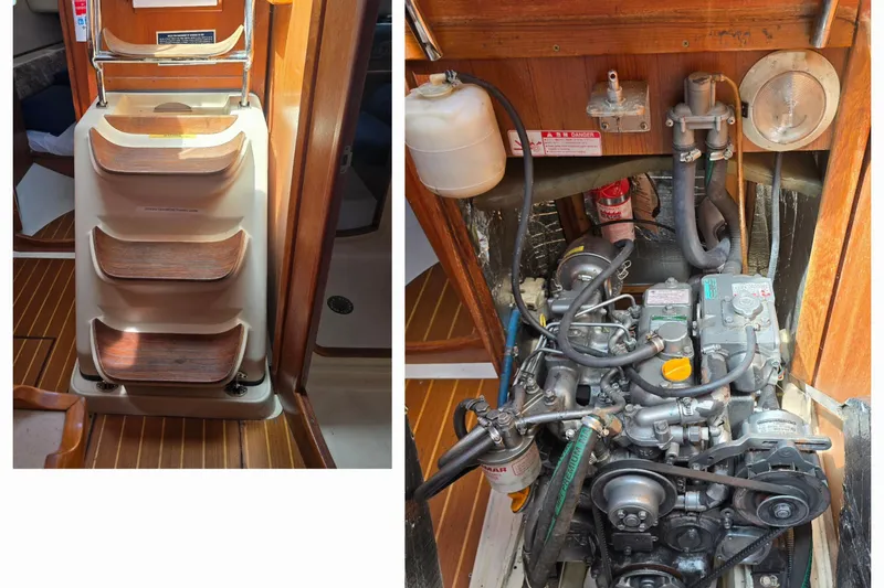 Slide: The Image of 2003 Hunter 386 sailboat interior with engine compartment and wooden steps. - 12