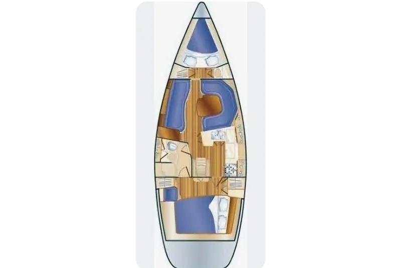 Slide: The Image of Floor plan of a 2003 Hunter 386 sailboat, featuring cabins and seating areas. - 9