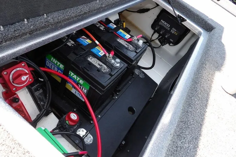 Slide: The Image of Battery compartment of 2023 Nitro Z19 boat with Interstate deep cycle batteries. - 39