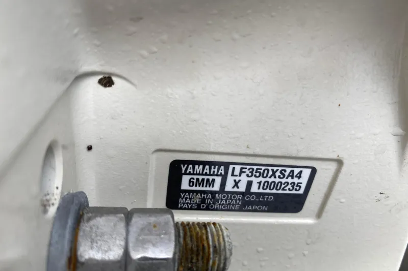 Slide: The Image of Yamaha motor label on a 2022 Grady-White Express 370 boat, model LF350XSA4. - 21