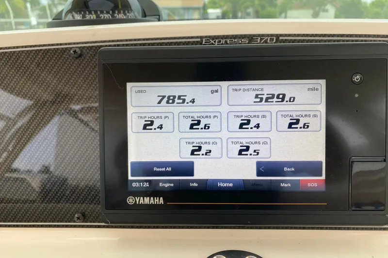 Slide: The Image of Dashboard of 2022 Grady-White Express 370 showing trip data and fuel usage. - 7